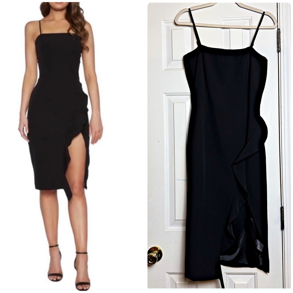 Bardot Women's Black Ruffle Slit Midi Dress Square Neck Spaghetti Strap US 6/S